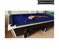 Double jointer black pool table with blue cloth