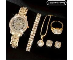 6pcs Women's Elegant Fashion Round Quartz Watch + Versatile Sparkling Necklace Bracelet Jewelry Set