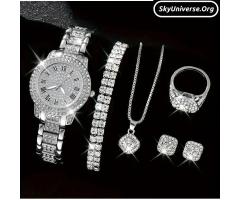 6pcs Women's silver Elegant Round Quartz Watch + Versatile Sparkling Necklace Bracelet Jewelry