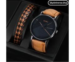 Men's Watch 2pcs Fashionable Casual Sports Round Dial Quartz Watch and Bracelet Accessory Set