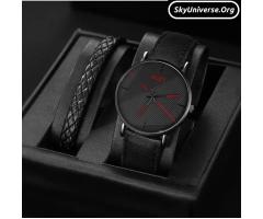 Men's Watch 2pcs Casual Sports Round Dial Quartz Watch and Bracelet